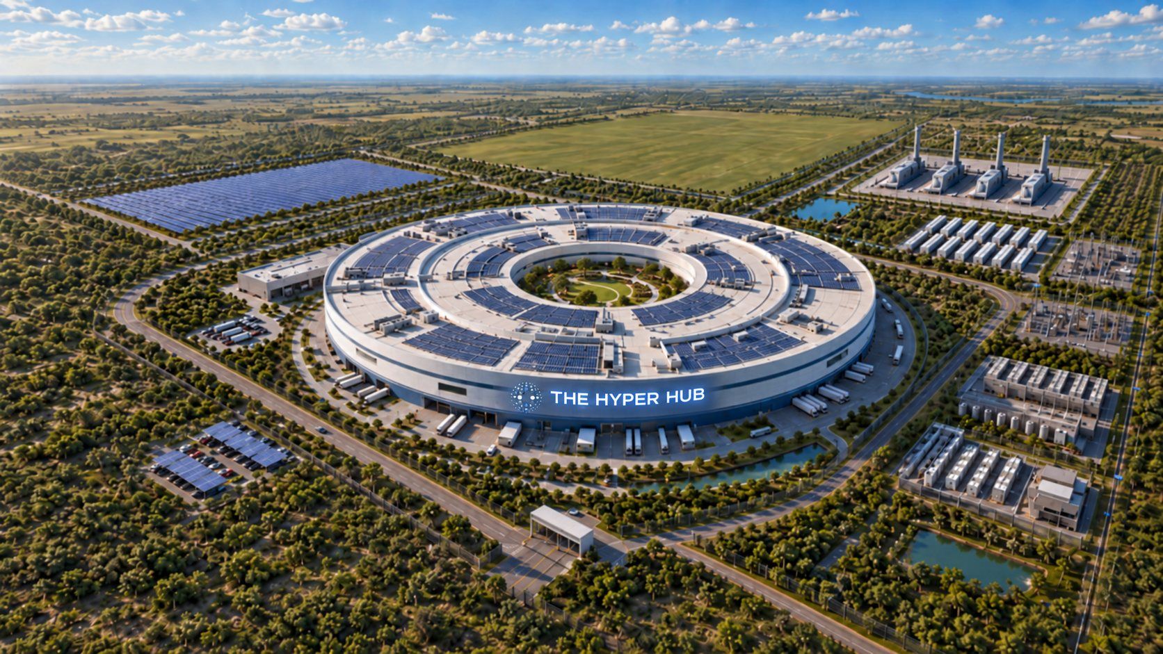 Rendering of the proposed campus: a circular single-story data center surrounded by generation, storage, cooling and solar infrastructure