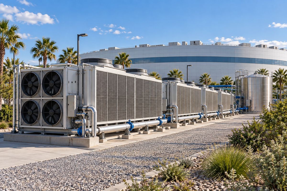 Rendering of the atmospheric water generation modules and water tanks beside the data center