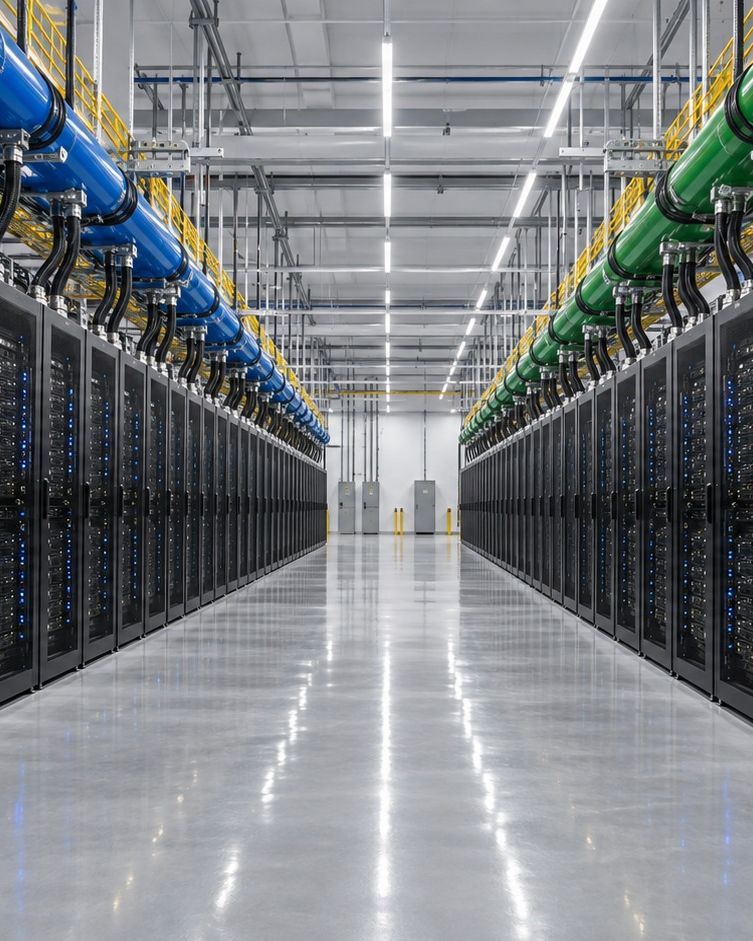 Rendering of a data hall with liquid-cooled rack rows