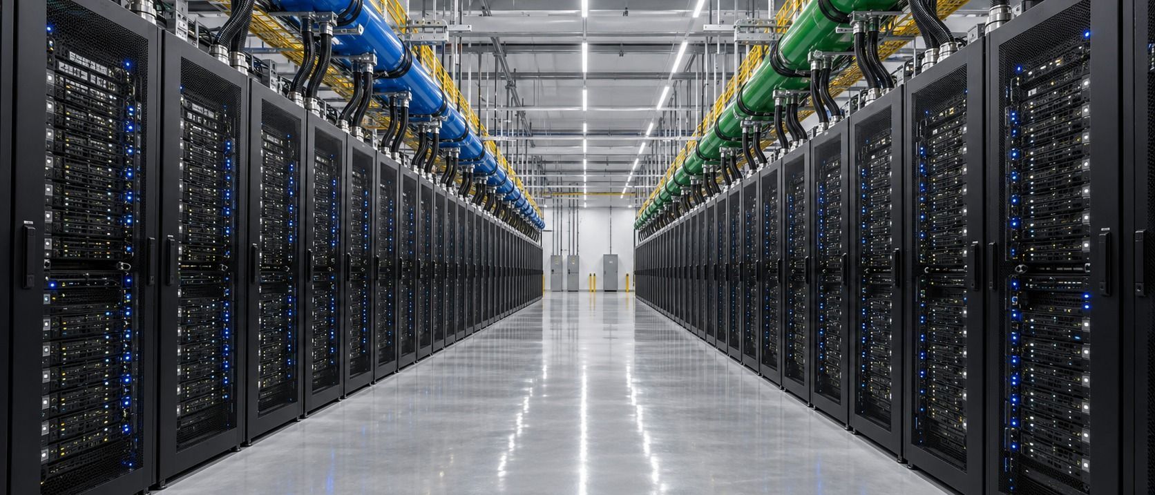 Rendering of a long data hall aisle between liquid-cooled server racks