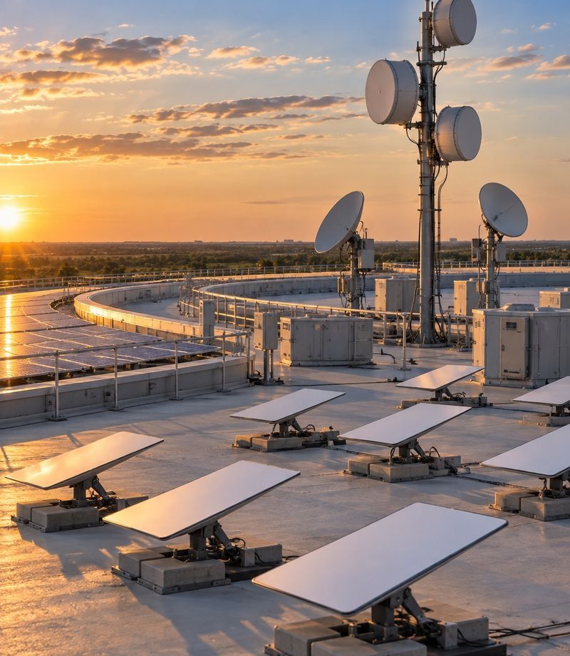 Rendering of rooftop LEO terminals and a communications mast
