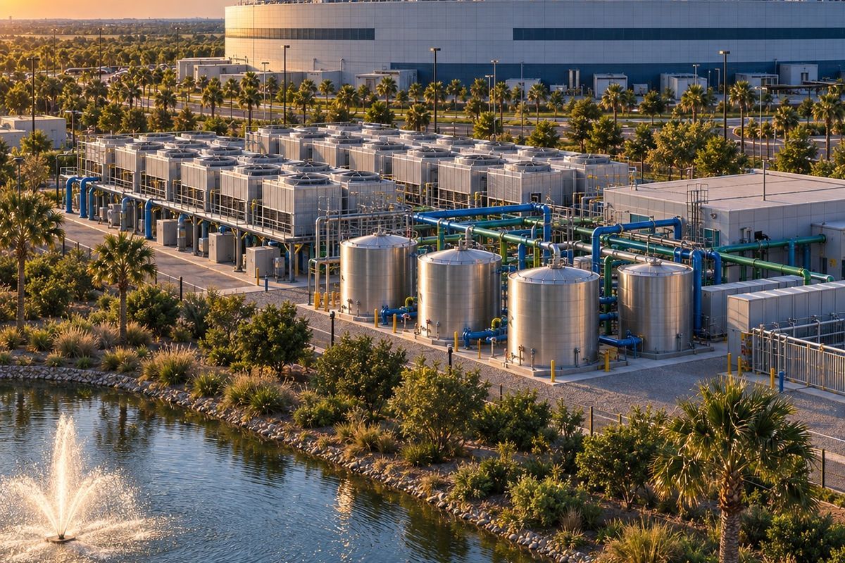 Rendering of the cooling and water yard beside the data center